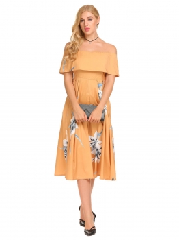 

Yellow Slash Neck Short Sleeve High Waist A-Line Dress, Multicolor