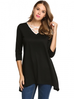 

Black Contrast Color Front Satin Bandage V Neck 3"4 Sleeve Loose Tops, Multicolor