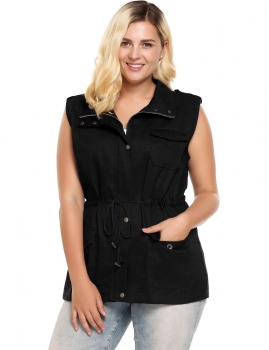 

Black Zip Up Multi-Pockets Casual Military Cargo Vest with Drawstring, Multicolor