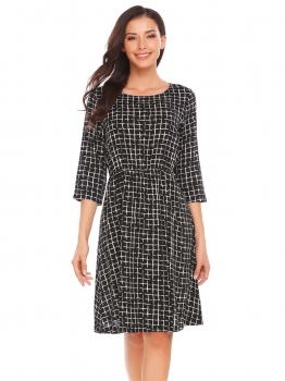 

Black 3"4 Sleeve Print Neck A-line Dress, Multicolor