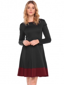 

Black Long Sleeve Patchwork Fit and Flare Dress, Multicolor