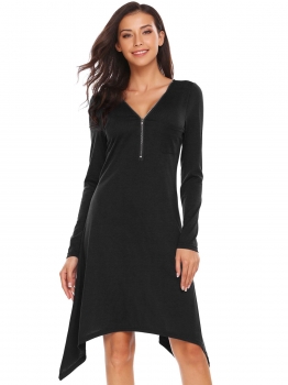 

Black Long Sleeve Zip Irregular Dress with Pocket, Multicolor