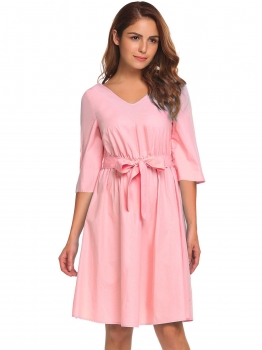 

Pink V-Neck 3"4 Flare Sleeve Solid Fit and Flare Dress With Belt, Multicolor