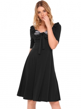

Black Ruffles Bow Tie Fit and Flare Dress, Multicolor