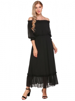 

Black Solid Ruffles Off the Shoulder 3"4 Sleeve Beach Maxi Dress, Multicolor
