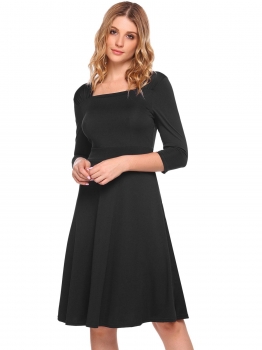 

Black Square Ruched 3"4 Sleeve Solid A-Line Dress, Multicolor