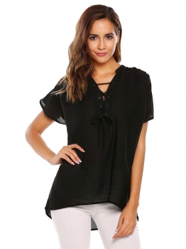 

Black Solid Lace-up V-Neck Short Sleeve Front Chiffon Blouse, Multicolor