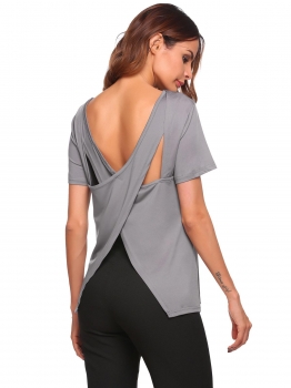 

Grey Solid Short Sleeve Back Cross Hollow Loose Tops, Multicolor