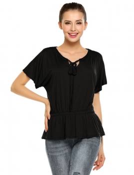 

Black Draw String Neckline Solid Elastic Waist Loose Tops, Multicolor