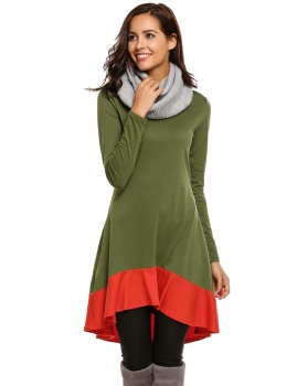 

Army green Long Sleeve Patchwork High Low Ruffled Hem Dress, Multicolor