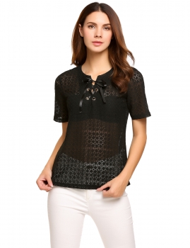 

Black Hollow-out Front Lace Up V-Neck Short Sleeve Sexy Tops, Multicolor