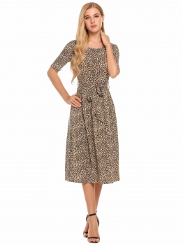 

Coffee Half Sleeve Leopard Print O Neck Belted Dress, Multicolor