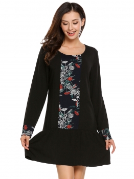

Black Long Sleeve Print Patchwork O Neck Shift Dress, Multicolor