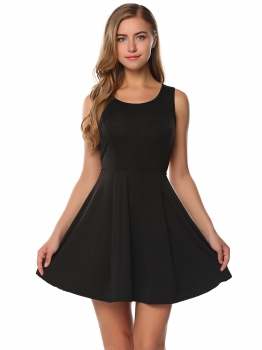 

Black Sleeveless Solid Cut-out Back Skater Dress, Multicolor