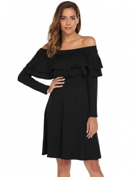 

Black Ruffle Off the Shoulder Long Sleeve Solid Dress, Multicolor
