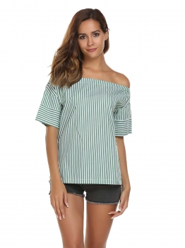 

Slash Neck Short Sleeve Striped Back Drawstring Tops, Multicolor
