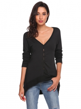 

Black Solid V-Neck Long Sleeve Buttoned Tops, Multicolor