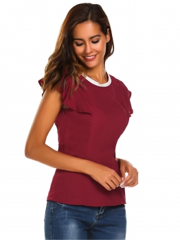 

Wine red Rhinestone Neck Cap Sleeve Slim Fit Chiffon Blouse, Multicolor