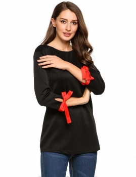 

Black Contrast Color 3"4 Ribbon Bow Sleeve Loose Fit Tops, Multicolor