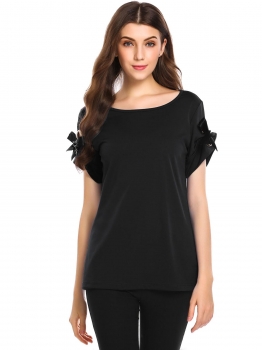 

Black Women O-Neck Short Sleeve Eyelet Tie Bow Casual Loose T-Shirt Top, Multicolor