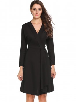 

Black Long Sleeve Solid Surplice Neck Fit and Flare Dress, Multicolor