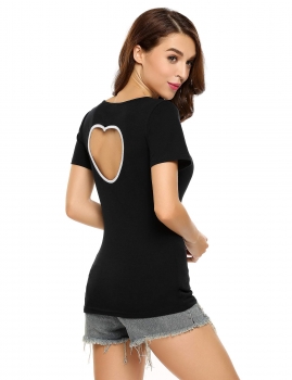 

Black Back Heart Shape Hollow Out O-Neck Short Sleeve T-Shirt, Multicolor