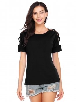 

Black Solid Hollow Criss Cross Short Sleeve O-Neck Tops, Multicolor