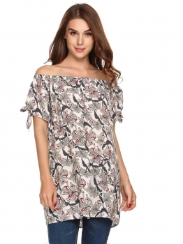 

Gray Off the Shoulder Knotted Sleeve Floral Print Loose Tops, Multicolor