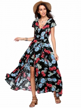 

Black Short Sleeve V Neck Split Floral Maxi Dress, Multicolor