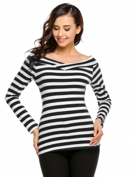 

Black Off the Shoulder Long Sleeve Striped Slim Fit Tops, Multicolor