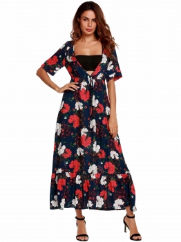 

Dark blue Floral Plunging Neck Beach Maxi Dress, Multicolor
