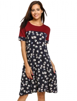 

Red blue Floral Patchwork Loose Dress with Pockets, Multicolor