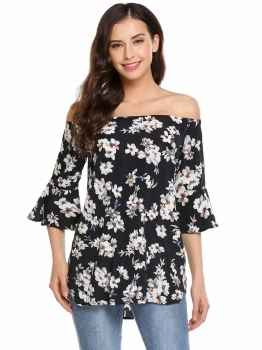 

Black white Off the Shoulder Flare Sleeve Prints Pullover Blouse, Multicolor