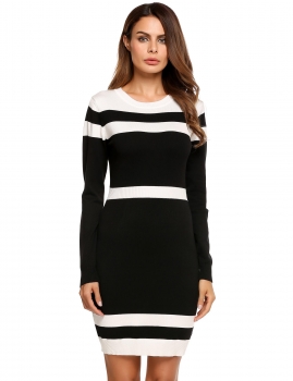 

Black Long Sleeve Striped O Neck Color Block Bodycon Pencil Dress, Multicolor