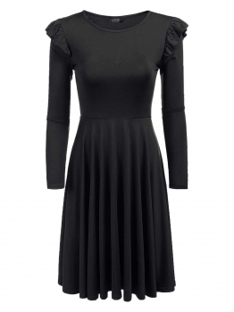 

Black Ruffle Long Sleeve Solid A-Line Dress, Multicolor