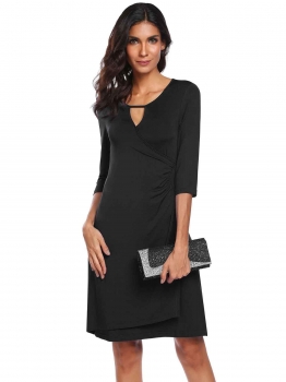 

Black 3"4 Sleeve Side Ruched Asymmetrical Short Dress, Multicolor