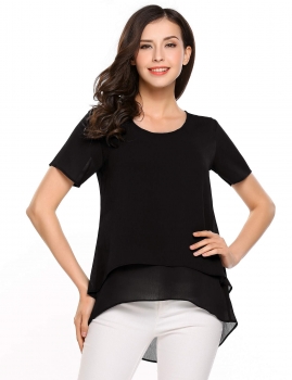 

Black O-Neck Short Sleeve Chiffon Dip Hem Solid Blouses, Multicolor