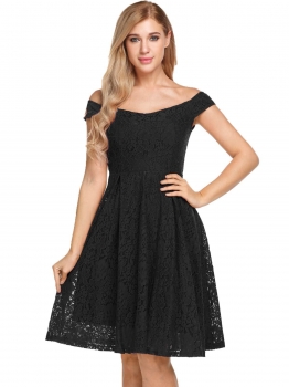 

Black Vintage Style Floral Lace Off Shoulder Swing Dress, Multicolor