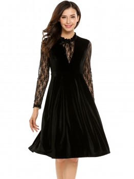 

Black Women Long Sleeve Patchwork Knee Pleated Dress High Waist Slim Party, Multicolor