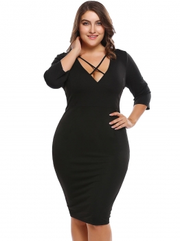 

Black Plus Size Cross V-Neck 3"4 Sleeve Solid Pencil Dress, Multicolor