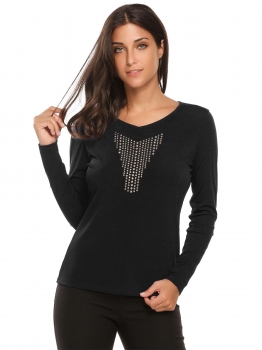 

Black Beads Back Keyhole V-Neck Long Sleeve Tops, Multicolor