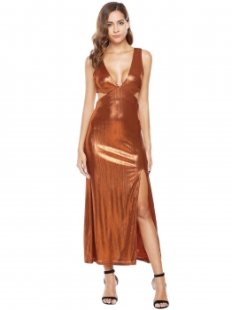 

Dark brown Glitter Plunging Neck Cut Out Waist Maxi Dress, Multicolor