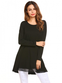 

Black Long Sleeve O Neck Loose Chiffon Patchwork Tunic Top, Multicolor