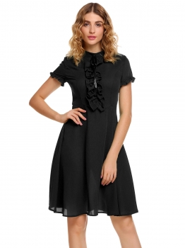 

Black Stand Collar Solid Ruffle Brim Bow Tie Dress, Multicolor