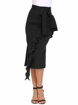 

Black High Waist Side Split Zipper Ruffles Pencil Skirt with Belt, Multicolor