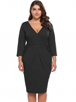 

Black V-Neck 3"4 Sleeve Solid Bodycon Pencil Casual Dress, Multicolor