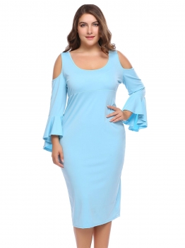 

Light blue Plus Size Trumpet Sleeve Solid Cold Shoulder Dress, Multicolor