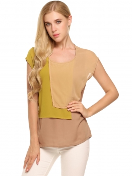 

Brown Contrast Color Layers Cap Sleeve Round Neck Chiffon Blouse, Multicolor