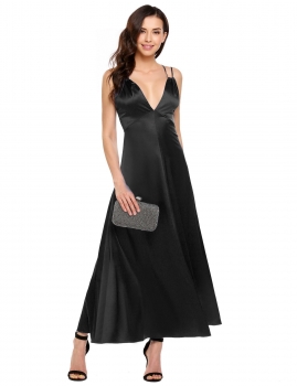 

Black Satin Deep V-Neck Spaghetti Straps Solid Maxi Dress, Multicolor