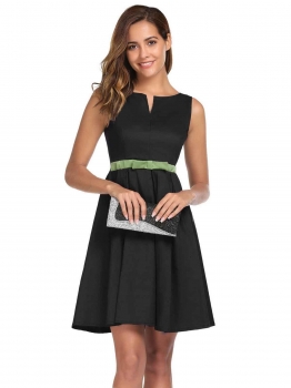 

Black Notched Collar Sleeveless Patchwork Bow Tie A-Line Pleated Dress, Multicolor